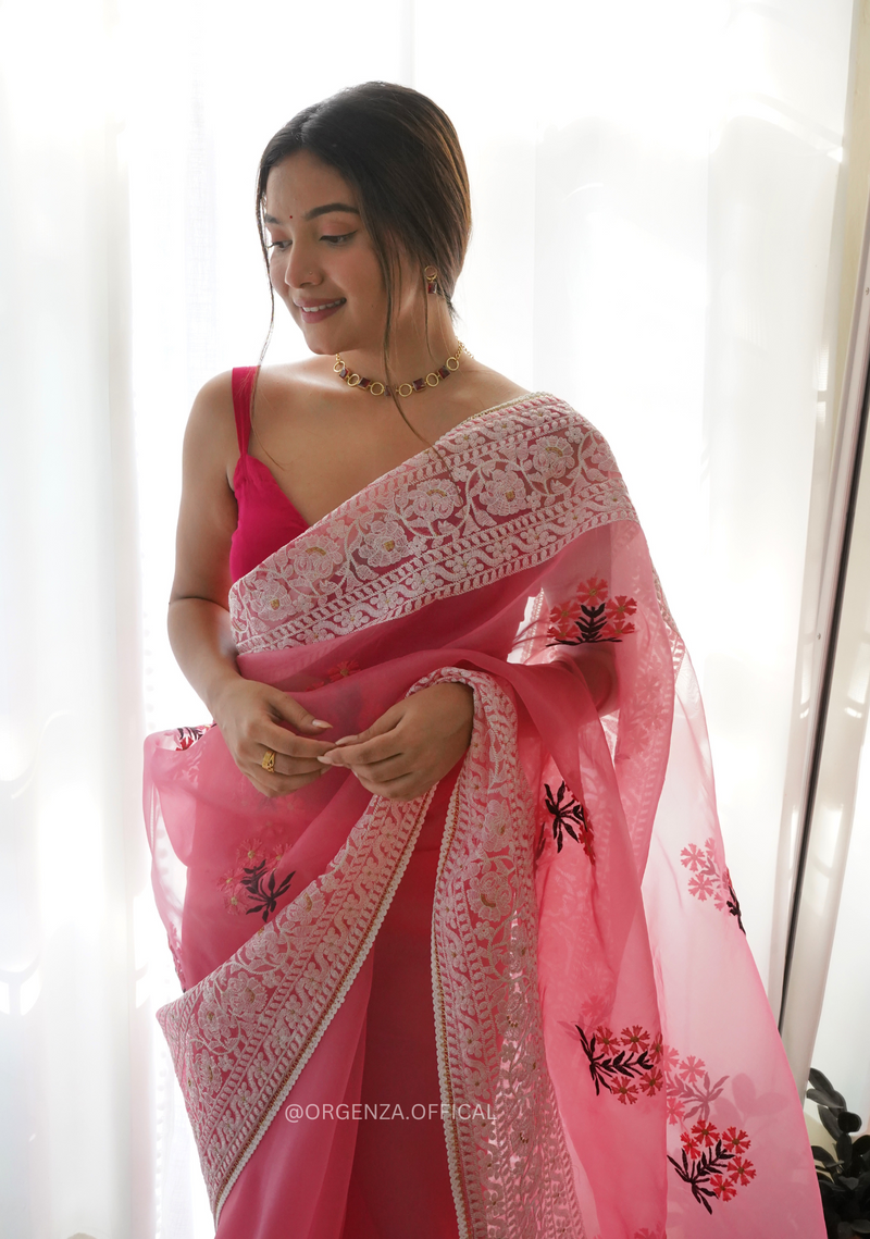 Pink Colour Organza Saree With Embroidery Work