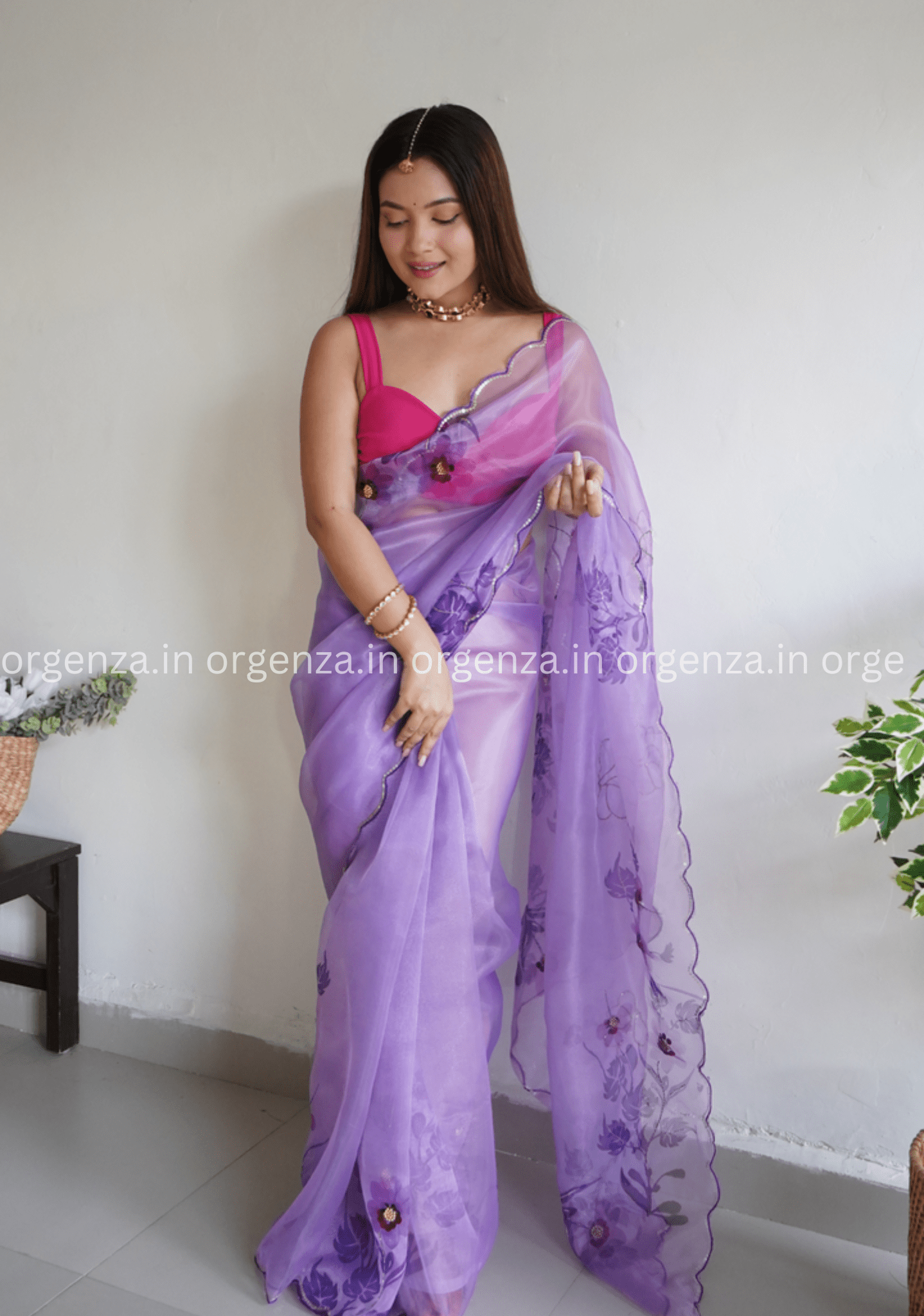 Purple Colour Organza Saree With Handwork - Orgenza Store