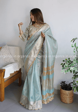 Ice Blue Colour Soft Cotton Saree WIth Fully Stiched Blouse - Orgenza Store