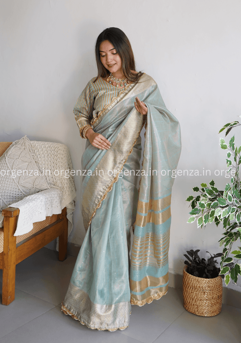 Ice Blue Colour Soft Cotton Saree WIth Fully Stiched Blouse - Orgenza Store
