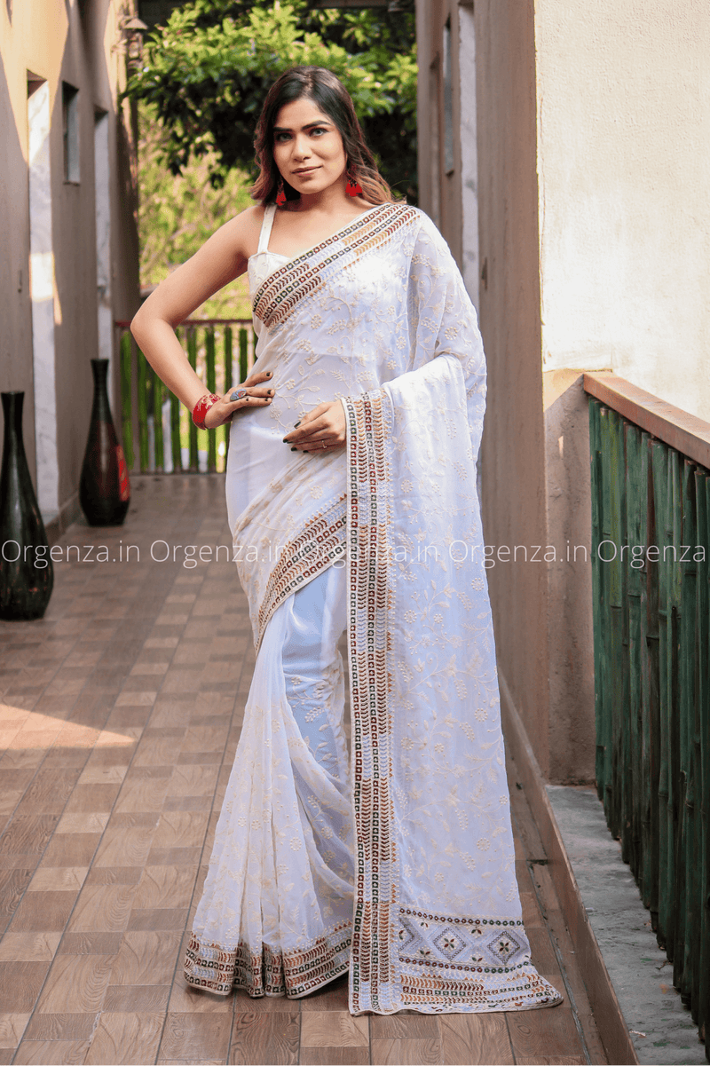 Pure White Soft Georgette Silk Saree With Embroidery Work - Orgenza Store