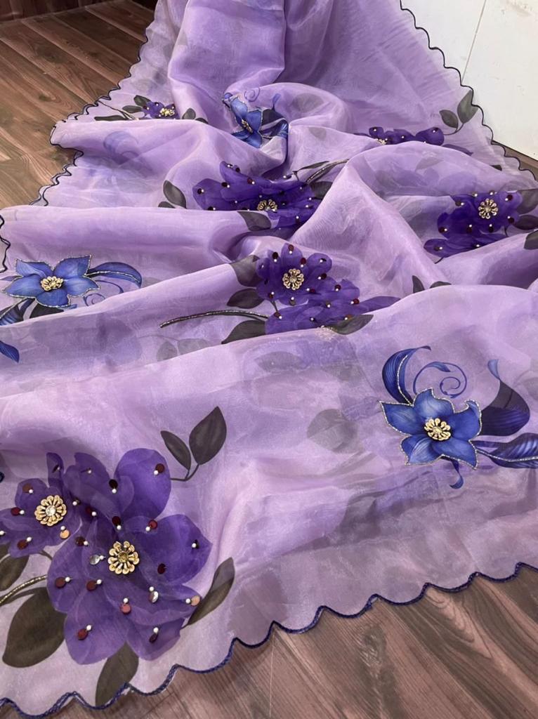 Orgenza Sky Purple Color Pure Organza Silk And Stone Work And Printed Flower Saree With Contrast Blouse - Orgenza Store - digisoch