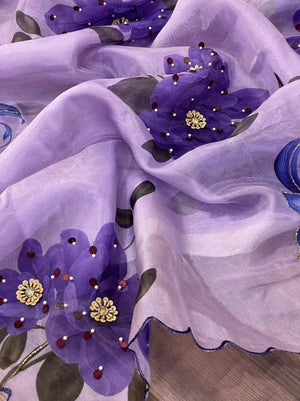 Orgenza Sky Purple Color Pure Organza Silk And Stone Work And Printed Flower Saree With Contrast Blouse - Orgenza Store - digisoch