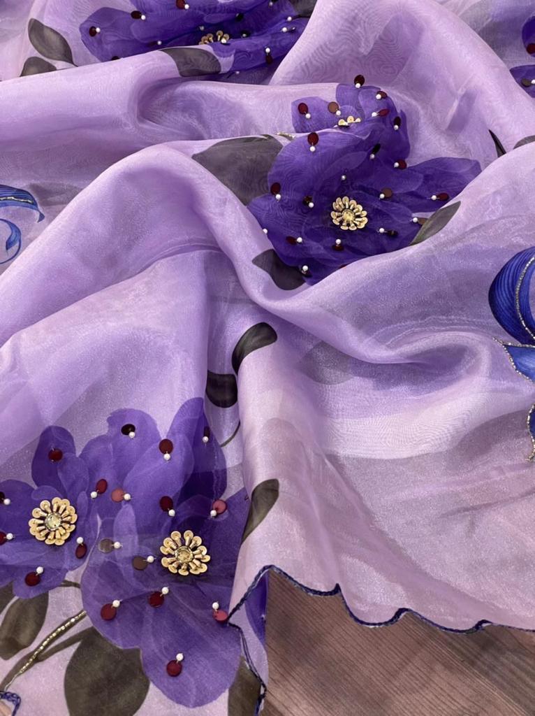 Orgenza Sky Purple Color Pure Organza Silk And Stone Work And Printed Flower Saree With Contrast Blouse - Orgenza Store - digisoch