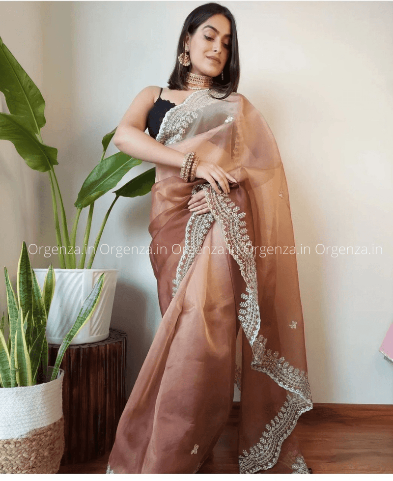 Brown And White Color Soft Organza Silk Saree With Cutwork - Orgenza Store