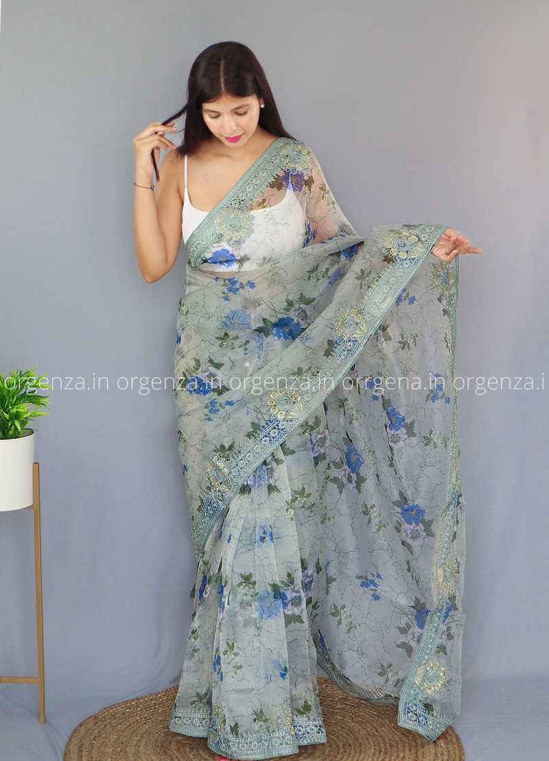 Grey Colour Organza Saree With Blue Flower