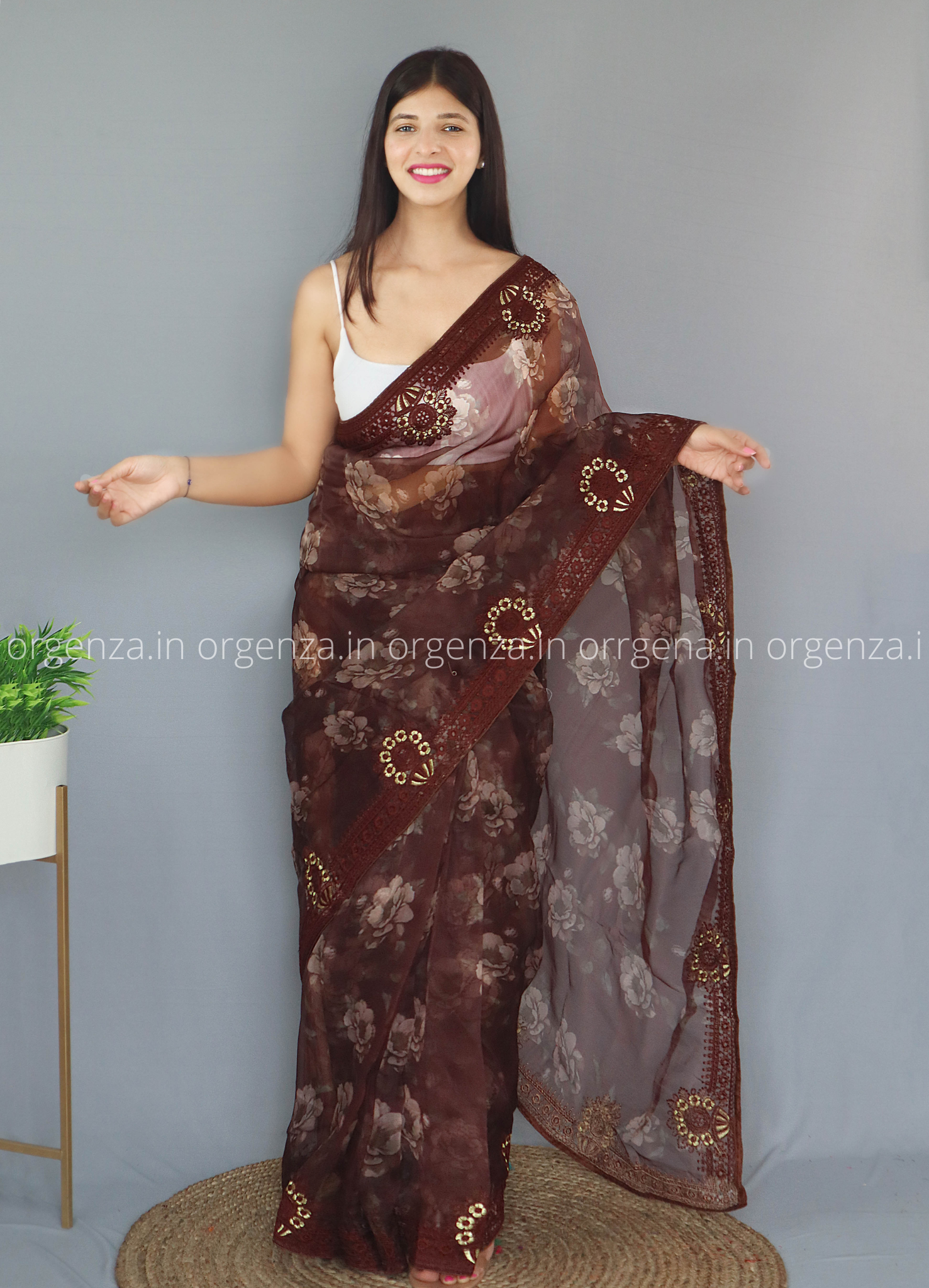 Brown Colour Organza Saree With Thread Work - Orgenza Store