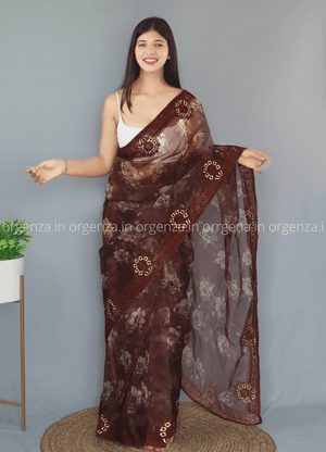 Brown Colour Organza Saree With Thread Work - Orgenza Store - digisoch