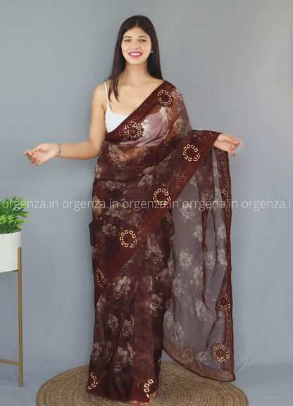 Brown Colour Organza Saree With Thread Work - Orgenza Store