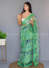 Green Colour Organza With Blue Floral Print