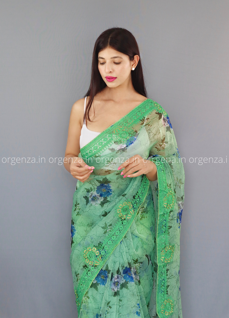 Green Colour Organza With Blue Floral Print