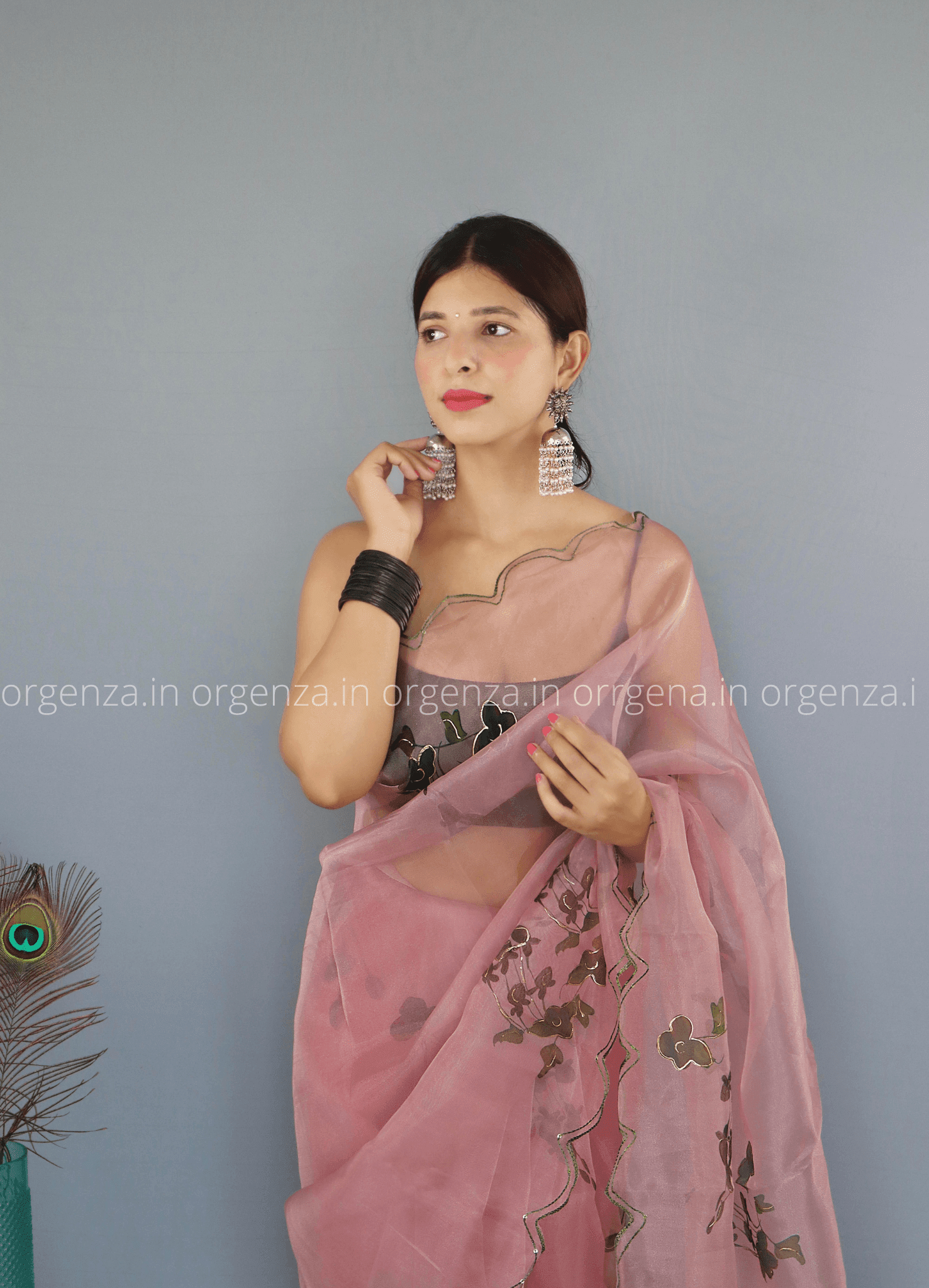 Light Onion Floral Organza Saree With Foil Print - Orgenza Store - digisoch