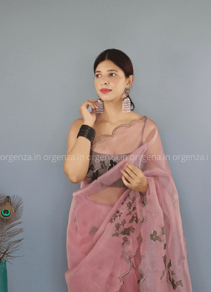 Light Onion Floral Organza Saree With Foil Print - Orgenza Store - digisoch