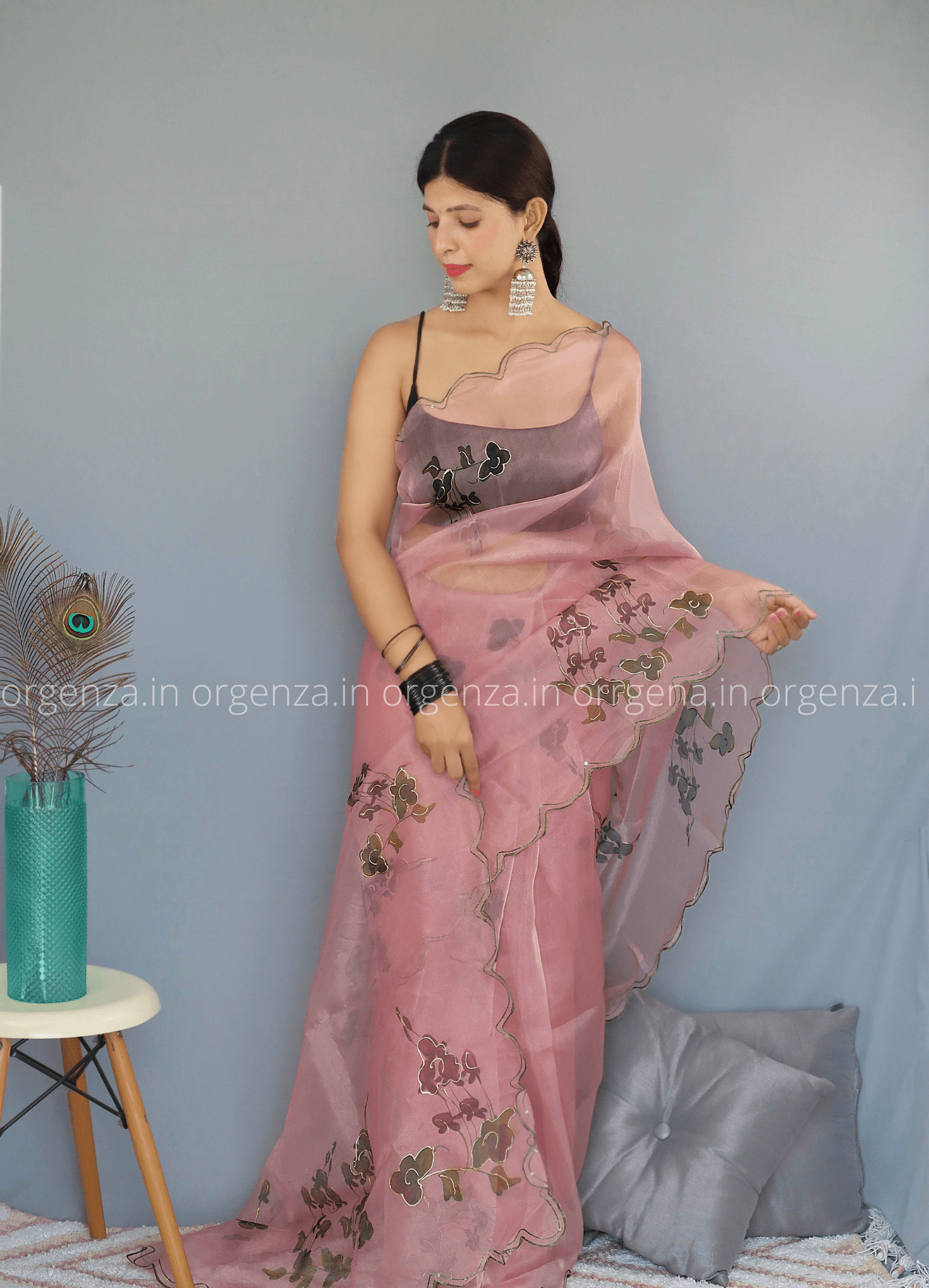Light Onion Floral Organza Saree With Foil Print - Orgenza Store - digisoch