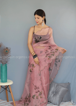 Light Onion Floral Organza Saree With Foil Print - Orgenza Store - digisoch