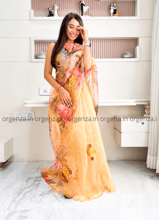 Soft Yellow Floral Organza Silk Saree - Orgenza Store