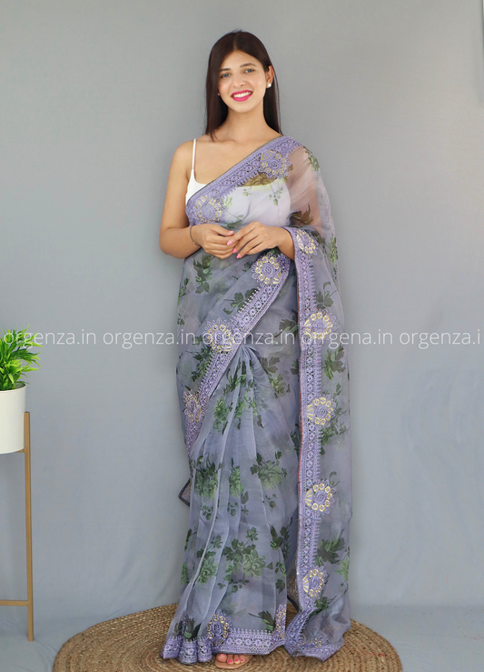 Light Grey Colour Organza Saree - Orgenza Store
