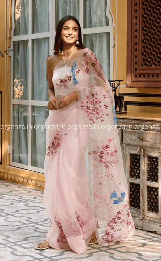 Light Baby Pink Saree With Handwork - Orgenza Store