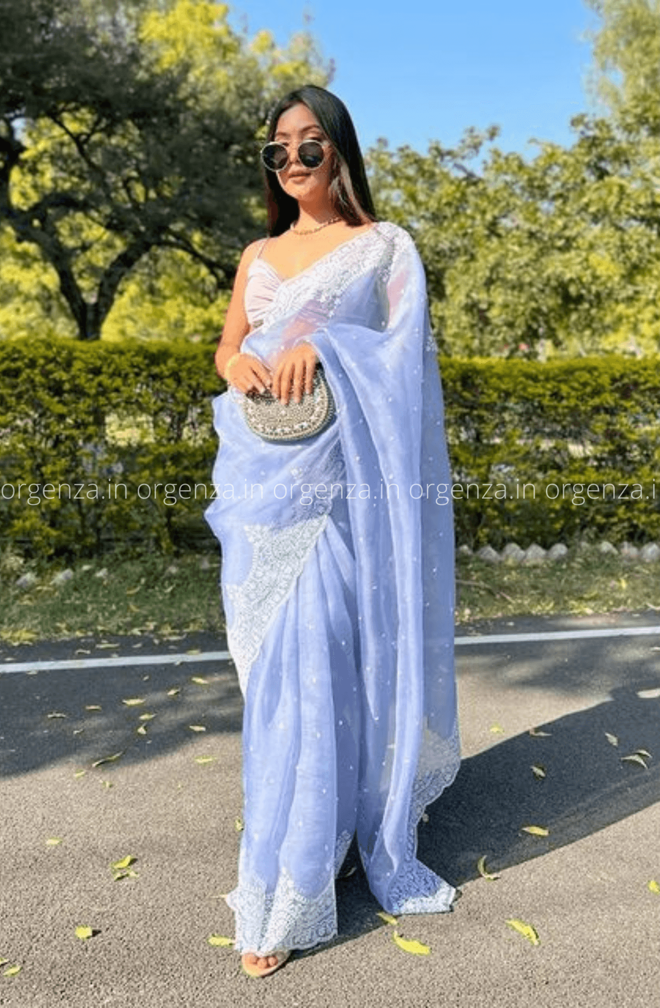 Lilac Blue Chikanar Work Saree With Blouse - Orgenza Store - digisoch