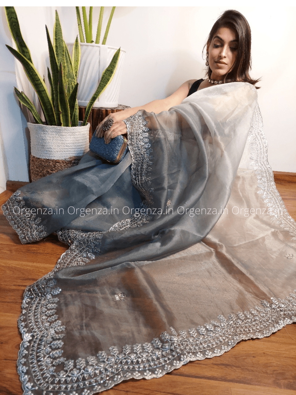 Grey And White Color Soft Organza Silk Saree - Orgenza Store - digisoch