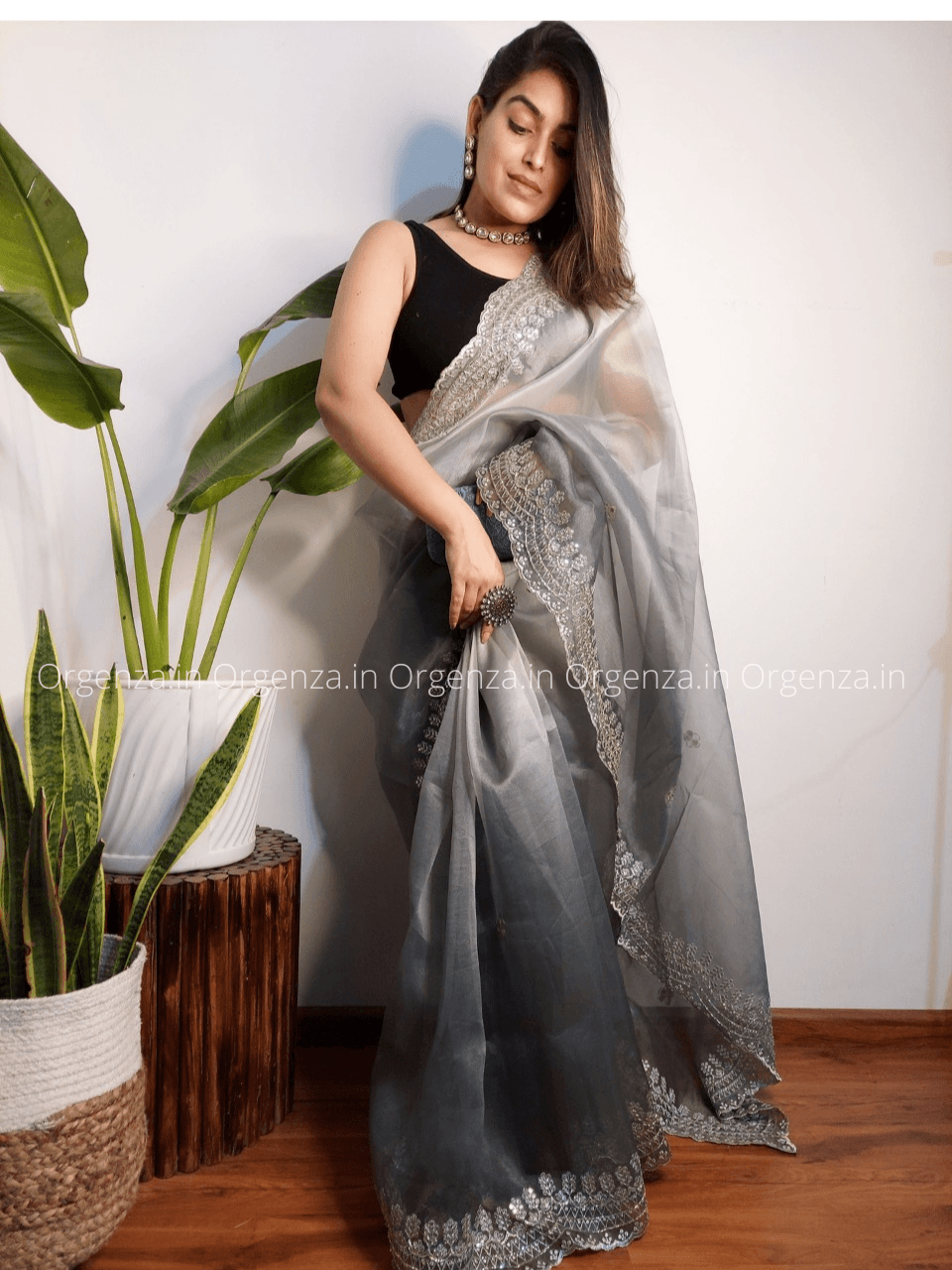 Grey And White Color Soft Organza Silk Saree - Orgenza Store - digisoch
