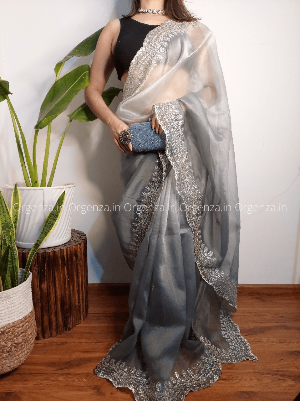 Grey And White Color Soft Organza Silk Saree - Orgenza Store - digisoch