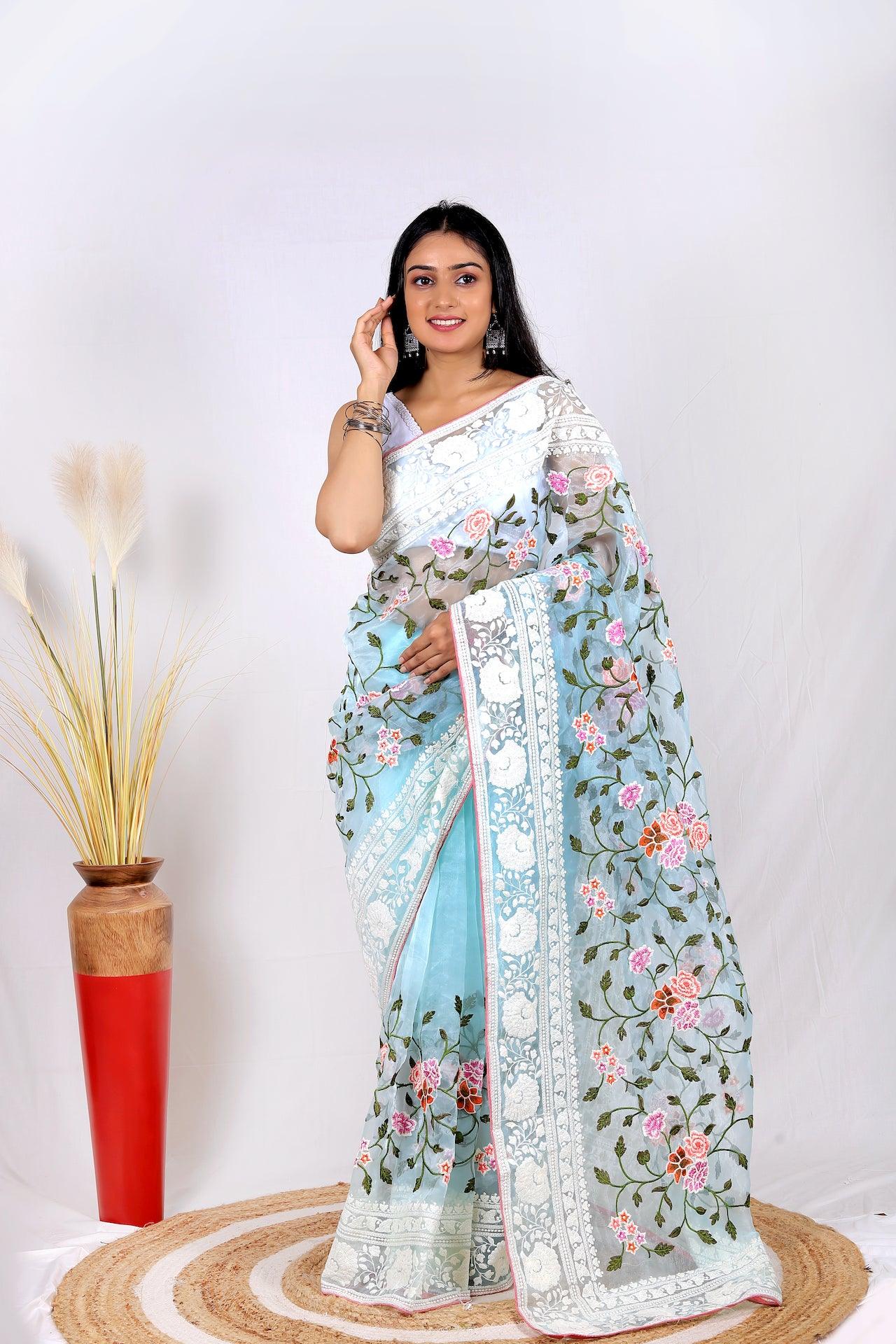 Fulwari Sky Color Embroidery Work Pure Organza Silk Saree With White Blouse - Orgenza Store