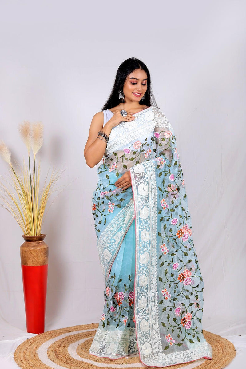 Fulwari Sky Color Embroidery Work Pure Organza Silk Saree With White Blouse - Orgenza Store