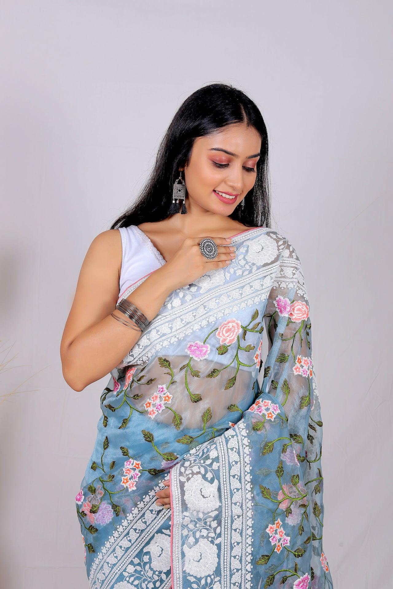 Fulwari Sky Color Embroidery Work Pure Organza Silk Saree With White Blouse - Orgenza Store