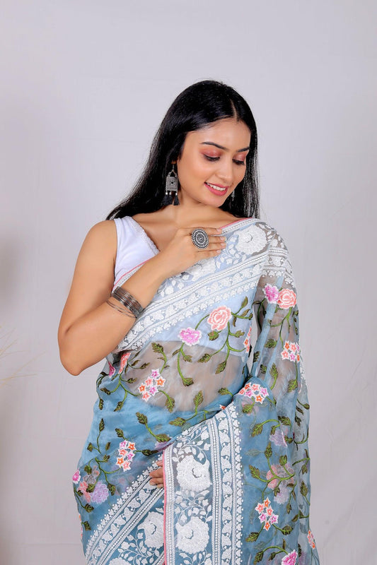 Fulwari Sky Color Embroidery Work Pure Organza Silk Saree With White Blouse - Orgenza Store