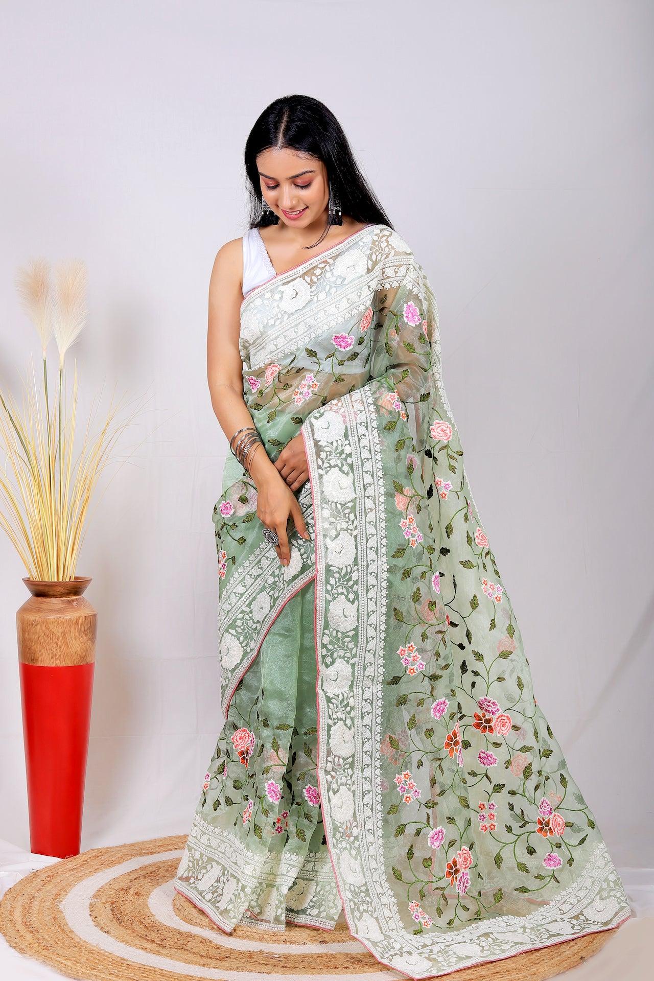 Fulwari Moss Green Color Embroidery Work Pure Organza Silk Saree With White Blouse - Orgenza Store