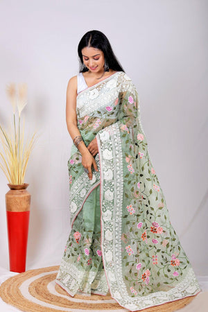 Fulwari Moss Green Color Embroidery Work Pure Organza Silk Saree With White Blouse - Orgenza Store - digisoch