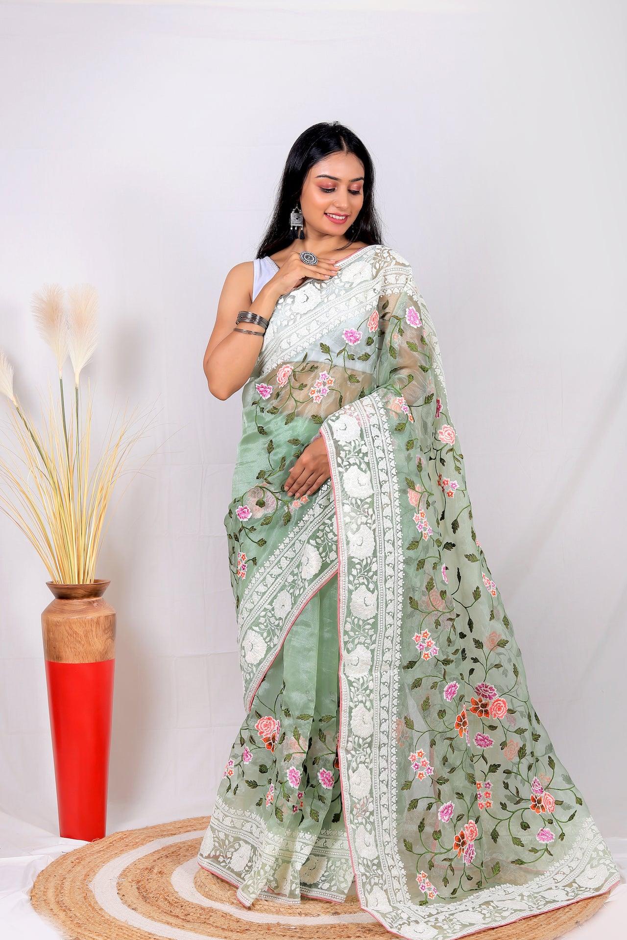 Fulwari Moss Green Color Embroidery Work Pure Organza Silk Saree With White Blouse - Orgenza Store - digisoch