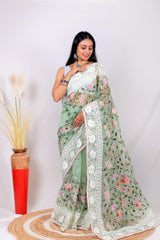 Fulwari Moss Green Color Embroidery Work Pure Organza Silk Saree With White Blouse - Orgenza Store