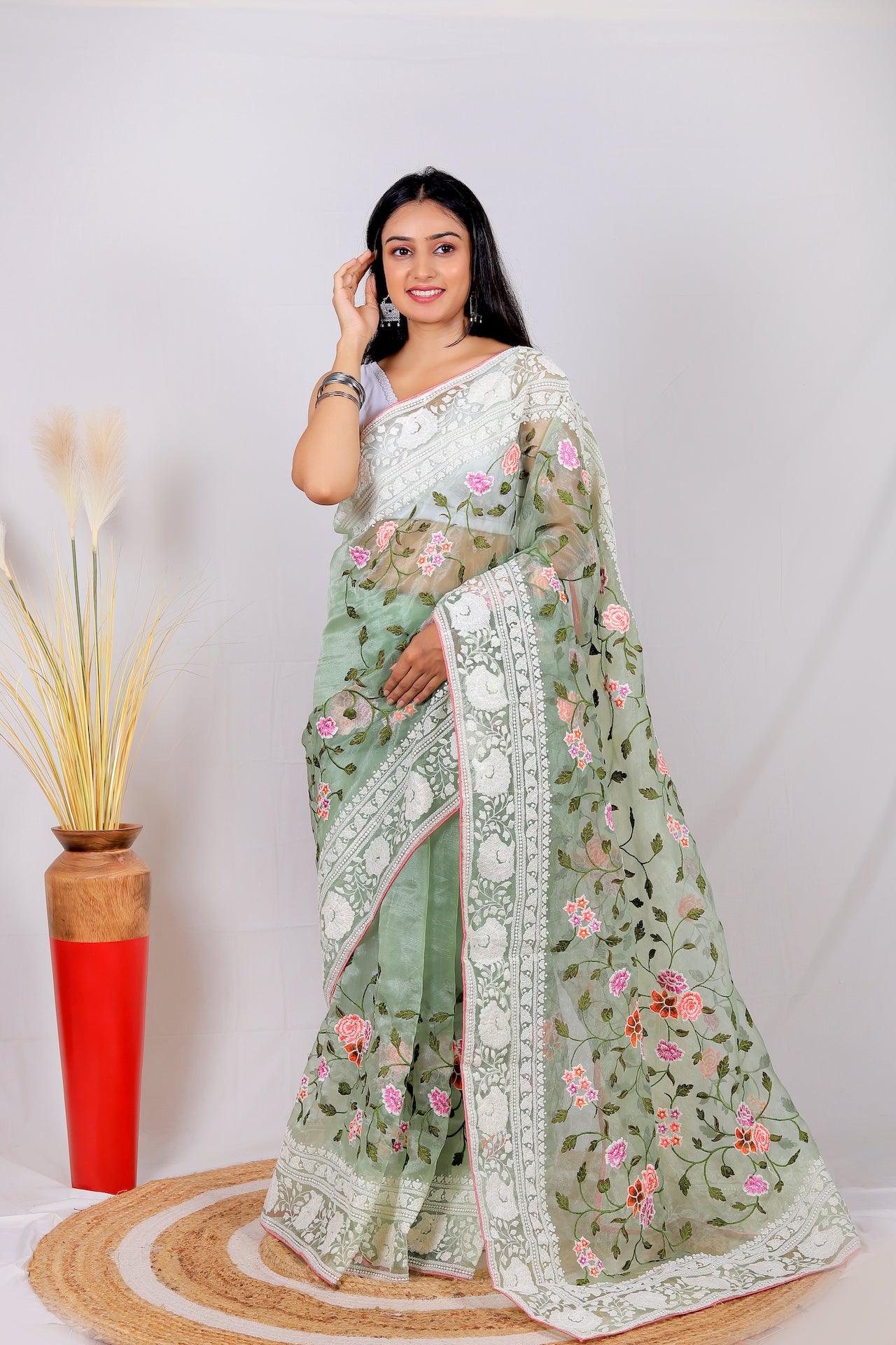 Fulwari Moss Green Color Embroidery Work Pure Organza Silk Saree With White Blouse - Orgenza Store - digisoch