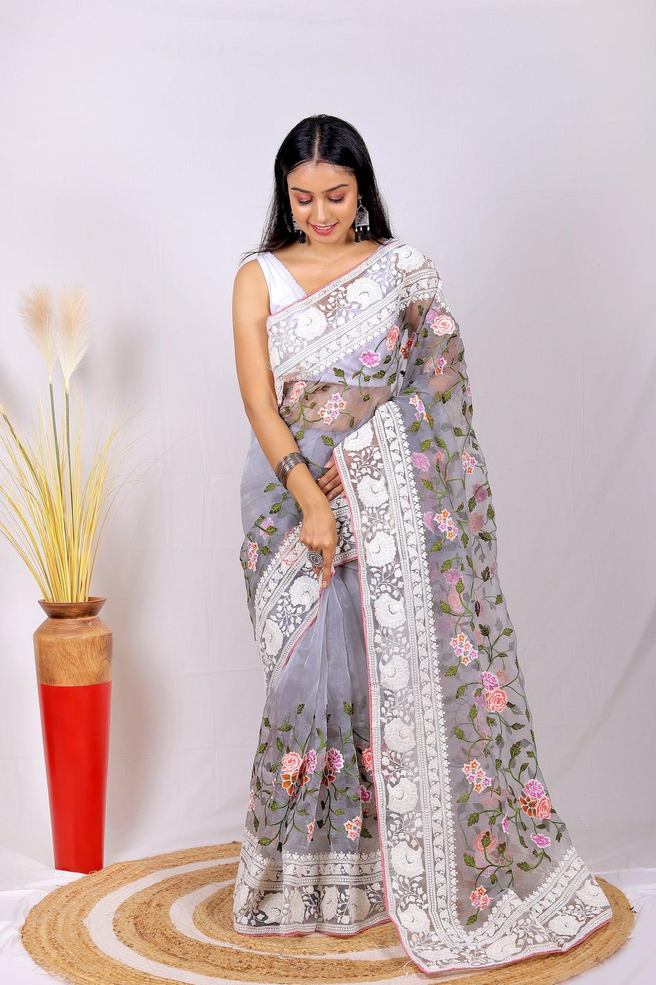 Fulwari Grey Color Embroidery Work Pure Organza Silk Saree With White Blouse - Orgenza Store