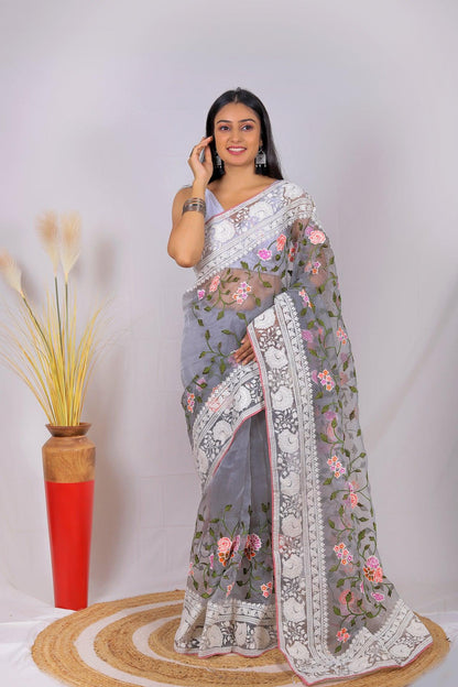Fulwari Grey Color Embroidery Work Pure Organza Silk Saree With White Blouse - Orgenza Store