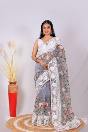 Fulwari Grey Color Embroidery Work Pure Organza Silk Saree With White Blouse - Orgenza Store - digisoch