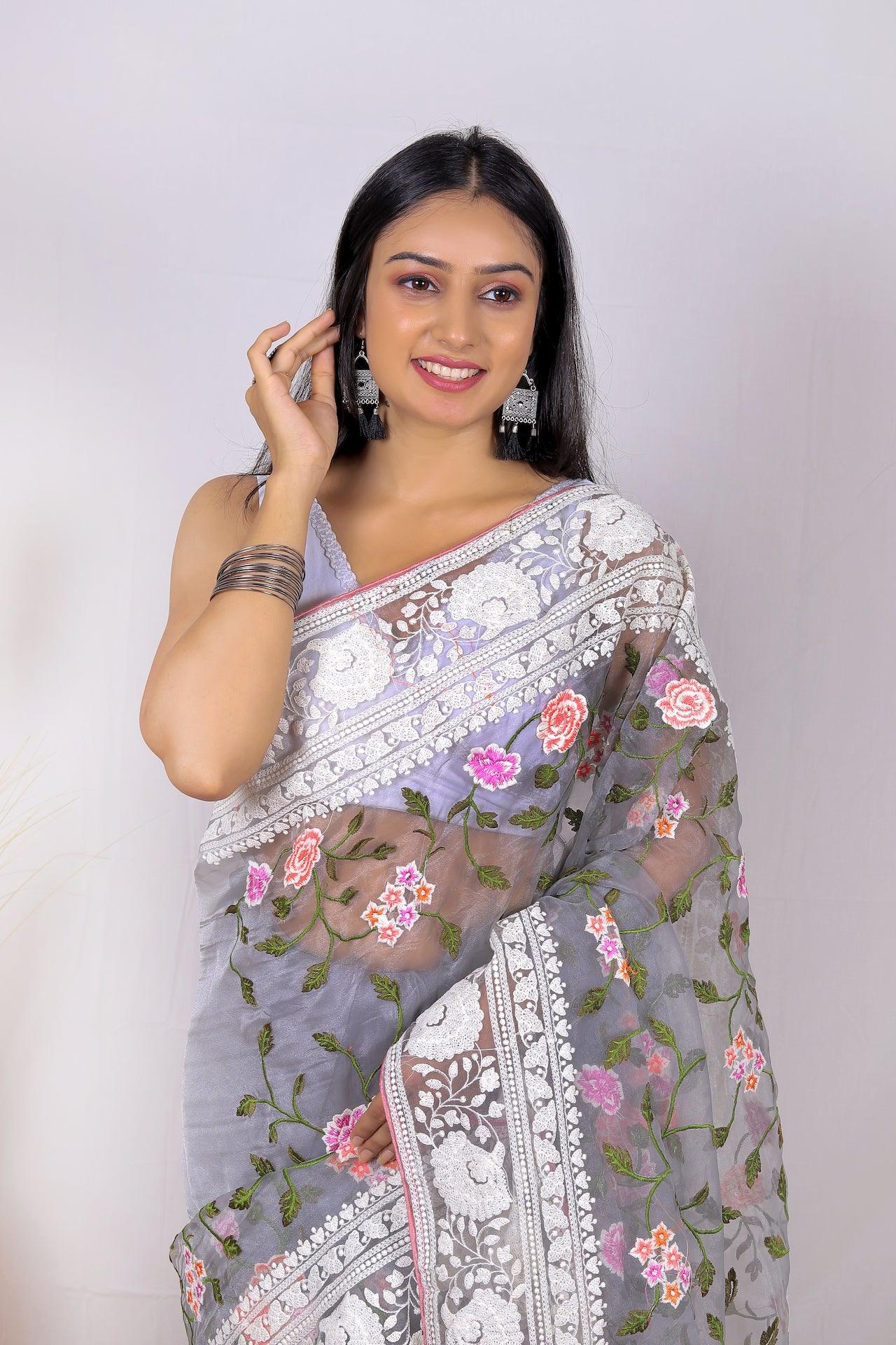 Fulwari Grey Color Embroidery Work Pure Organza Silk Saree With White Blouse - Orgenza Store - digisoch