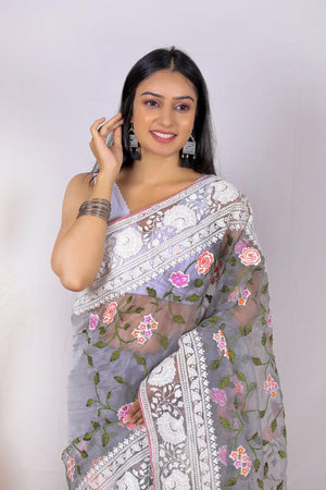 Fulwari Grey Color Embroidery Work Pure Organza Silk Saree With White Blouse - Orgenza Store - digisoch