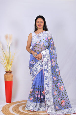 Fulwari Blue Color Embroidery Work Pure Organza Silk Saree With White Blouse - Orgenza Store - digisoch