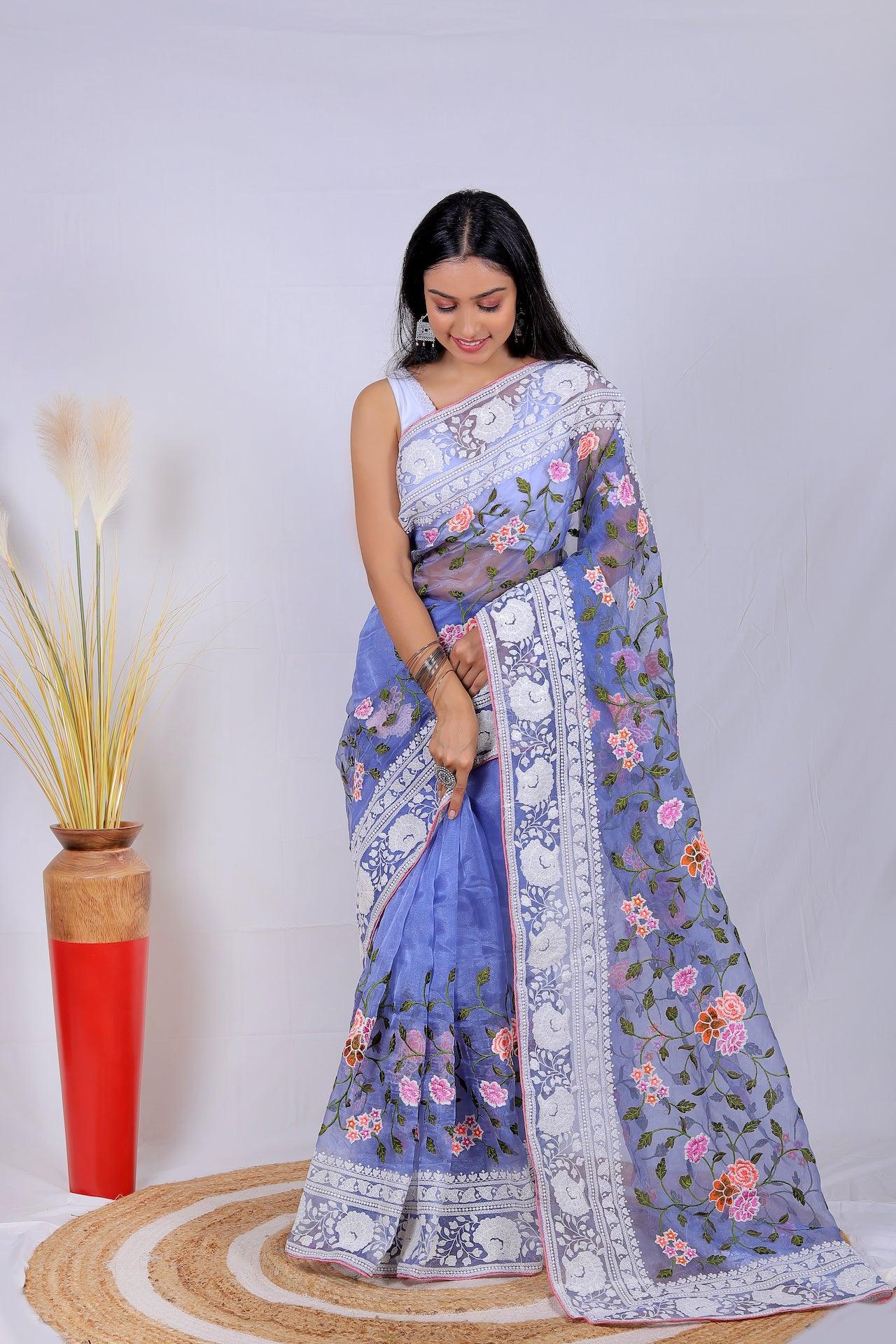 Fulwari Blue Color Embroidery Work Pure Organza Silk Saree With White Blouse - Orgenza Store - digisoch