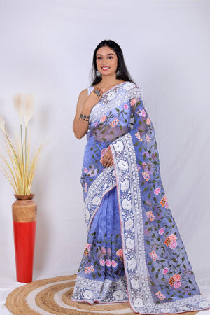 Fulwari Blue Color Embroidery Work Pure Organza Silk Saree With White Blouse - Orgenza Store - digisoch