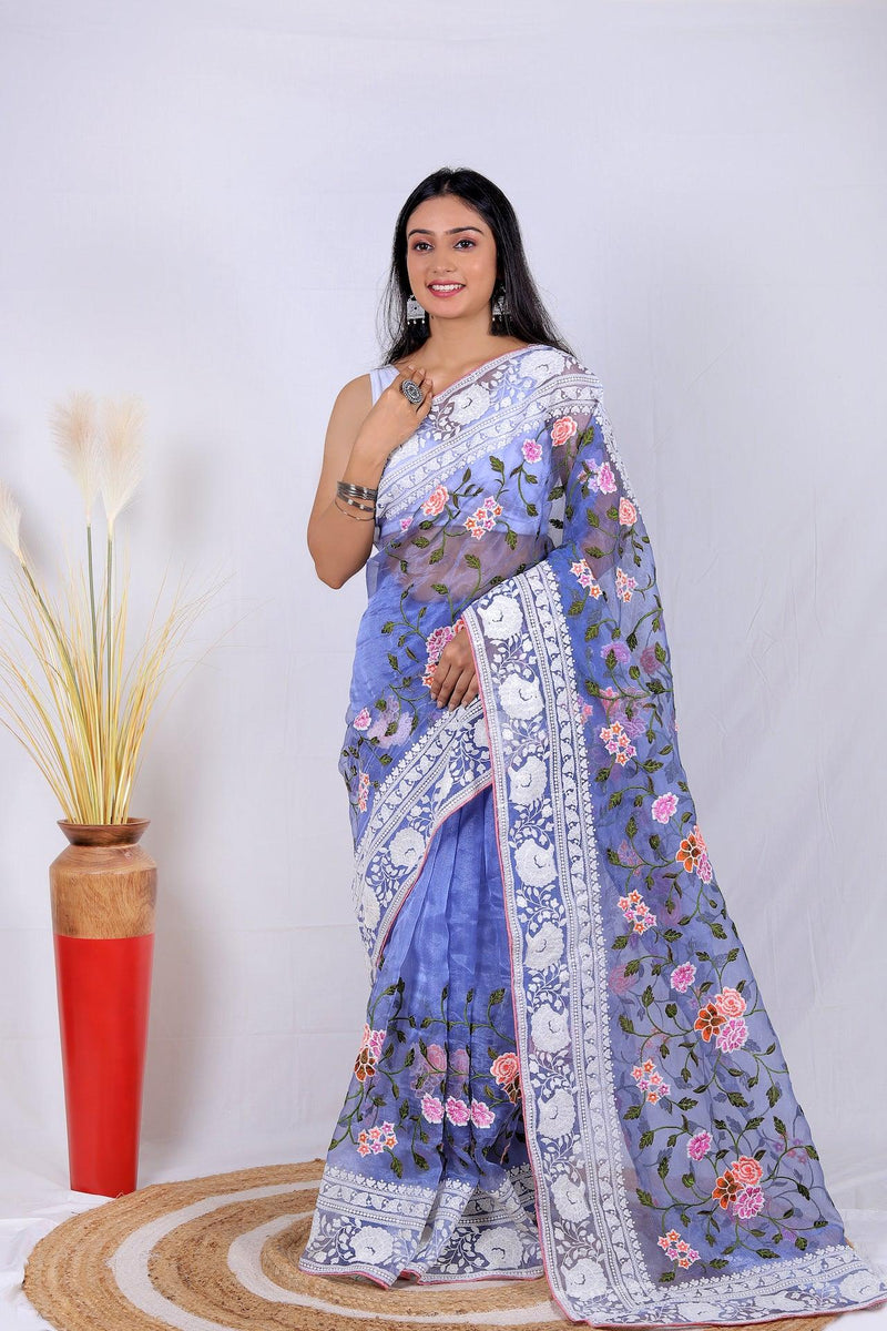 Fulwari Blue Color Embroidery Work Pure Organza Silk Saree With White Blouse - Orgenza Store