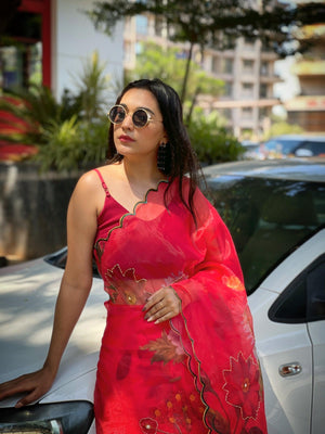 Orgenza Red Color Festival Heavy Organza Silk Saree With Handwork and Printed Saree - Orgenza Store - digisoch