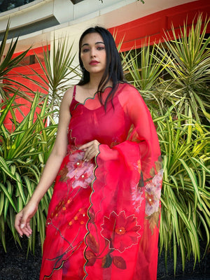 Orgenza Red Color Festival Heavy Organza Silk Saree With Handwork and Printed Saree - Orgenza Store - digisoch