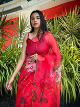 Orgenza  Red Color Festival Heavy Organza Silk Saree With Handwork and Printed Saree - Orgenza Store