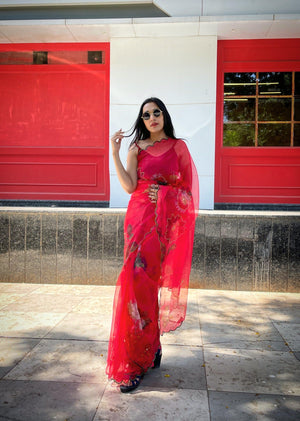 Orgenza Red Color Festival Heavy Organza Silk Saree With Handwork and Printed Saree - Orgenza Store - digisoch