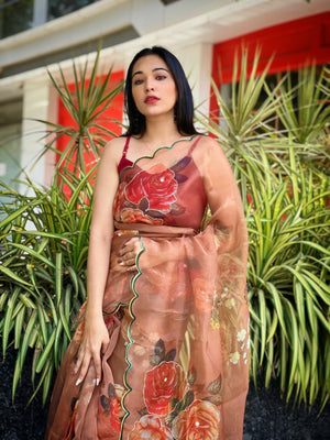 Orgenza Light Peach Multi Color Festival Heavy Organza Silk Saree With Handwork and Printed Saree - Orgenza Store - digisoch