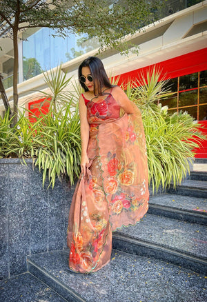 Orgenza Light Peach Multi Color Festival Heavy Organza Silk Saree With Handwork and Printed Saree - Orgenza Store - digisoch